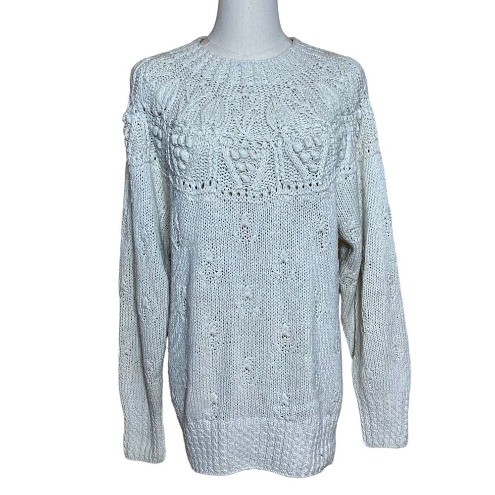 Norm Thompson 100% Silk Vintage Crew Neck Chunky Knit Sweater Cream Oversized S